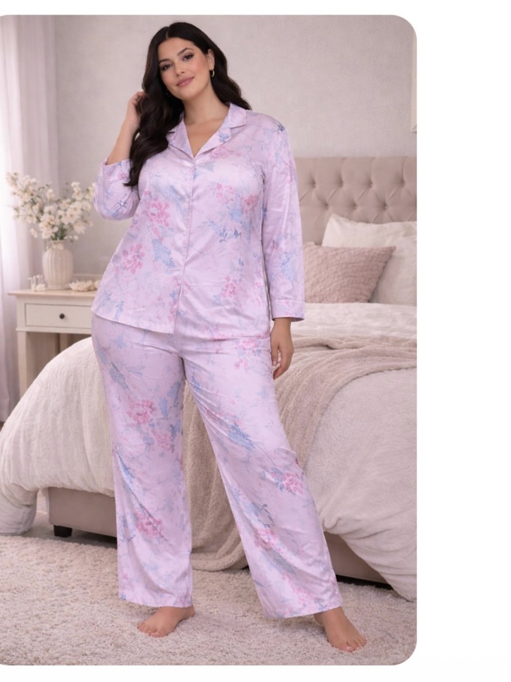 Miss Elaine Lavender Floral Satin Pajama Set